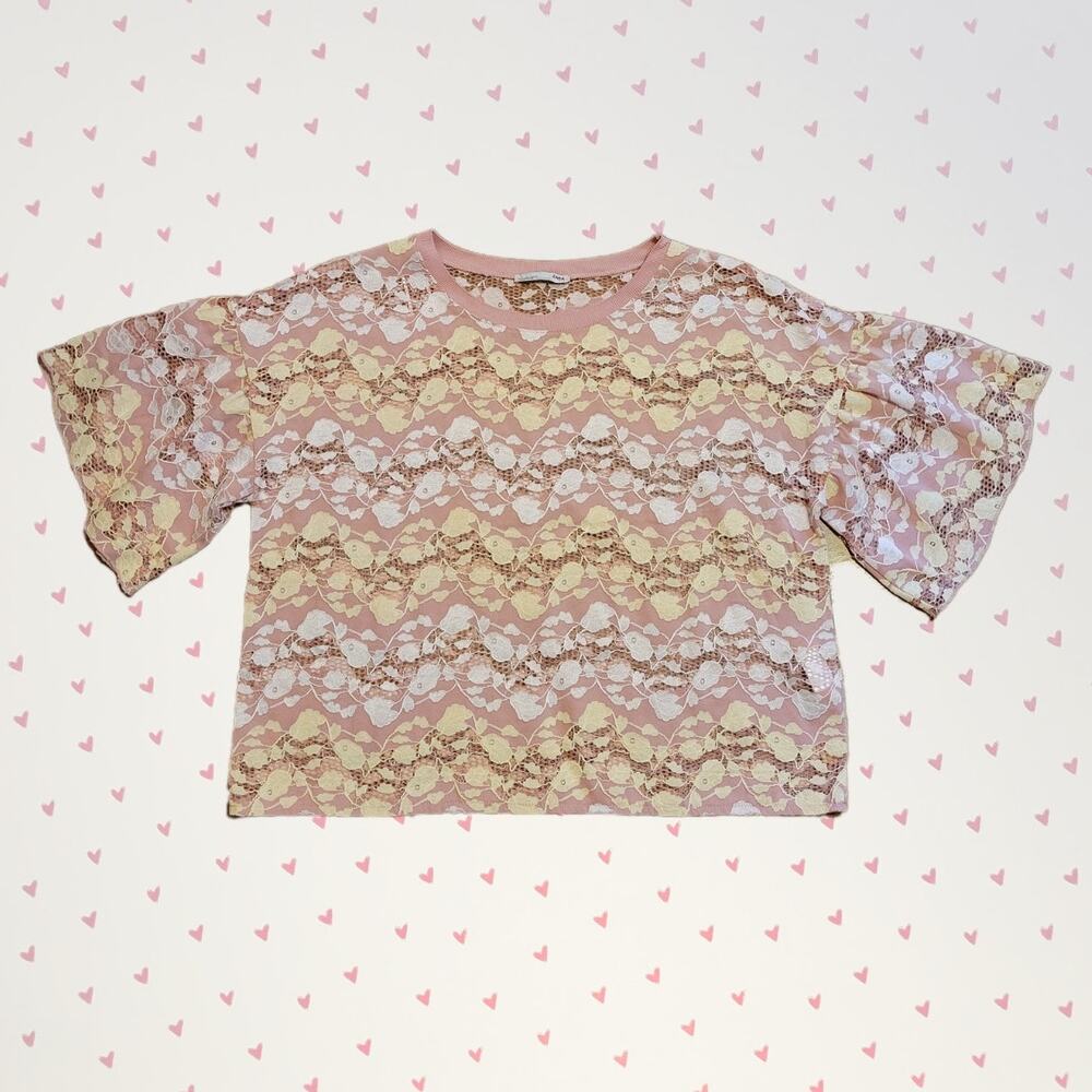 Zara, L | Lacy Statement Sleeves Loose Sheer Lace Floral Crop Top